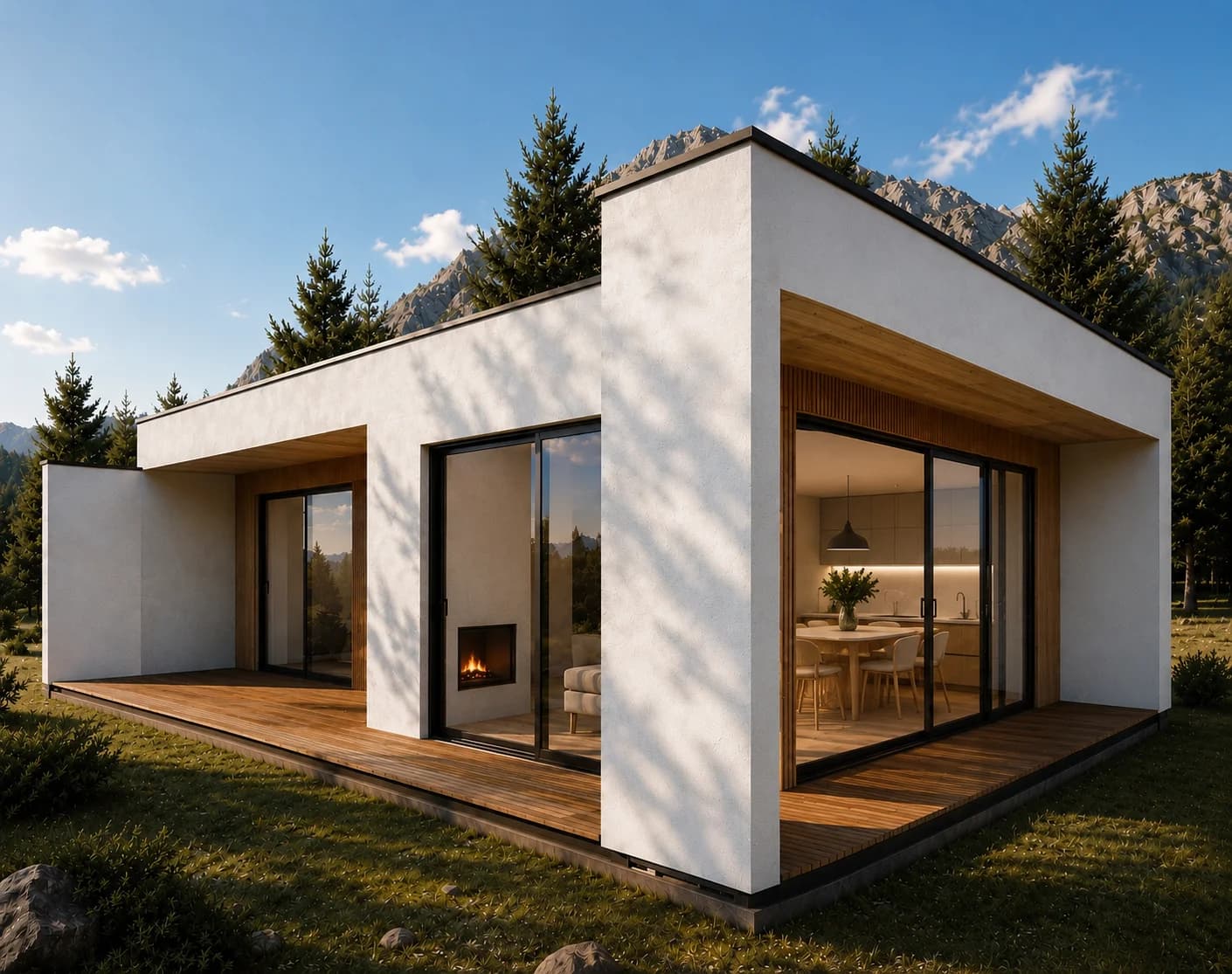 A majestic rendering of the compact luxury Horizon T1 villa at twilight.