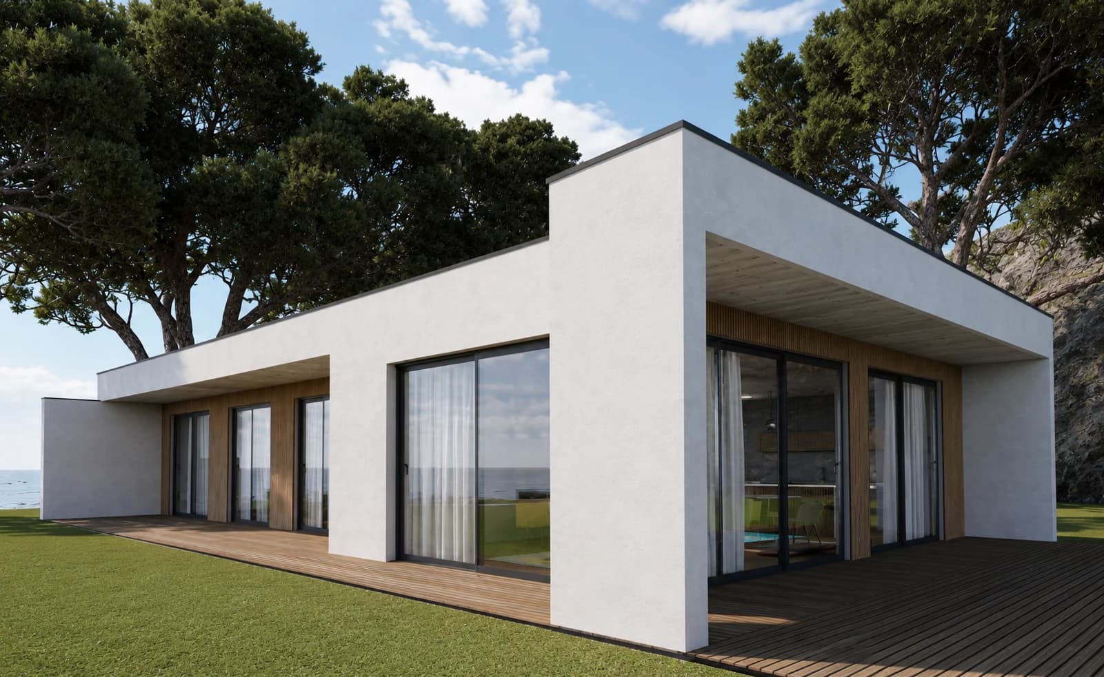 A majestic architectural rendering of the Horizon T3 villa at sunset with glass and wood facades.