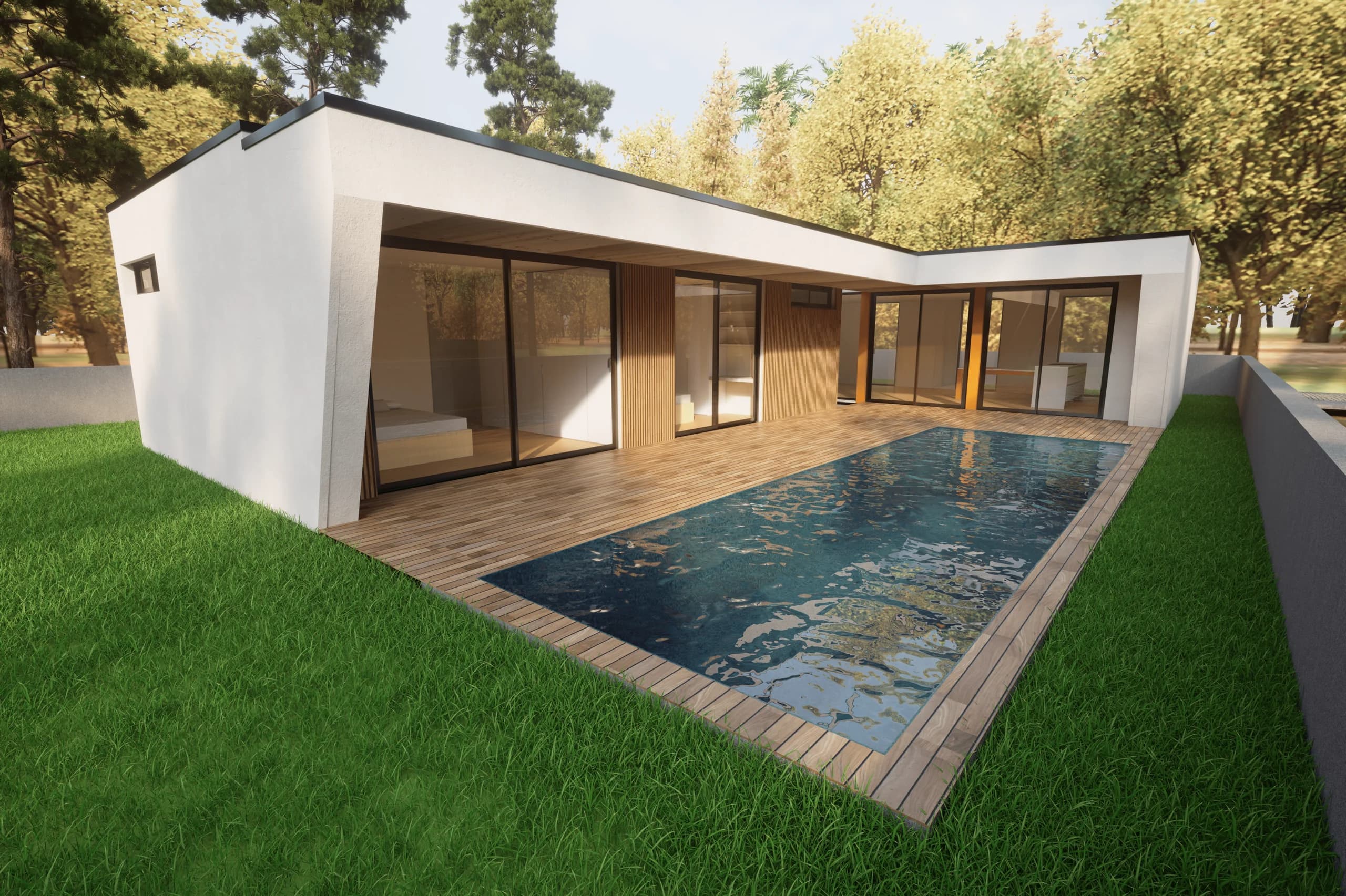 Exterior ATRIUM T2 — moradia de luxo Woodframe com vãos envidraçados amplos e volumetria contemporânea