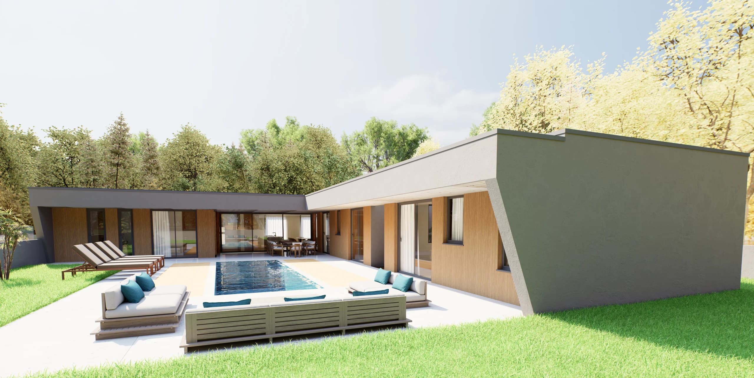 Exterior ATRIUM T3 — moradia de luxo Woodframe com pé-direito duplo, três suites e terraço coberto
