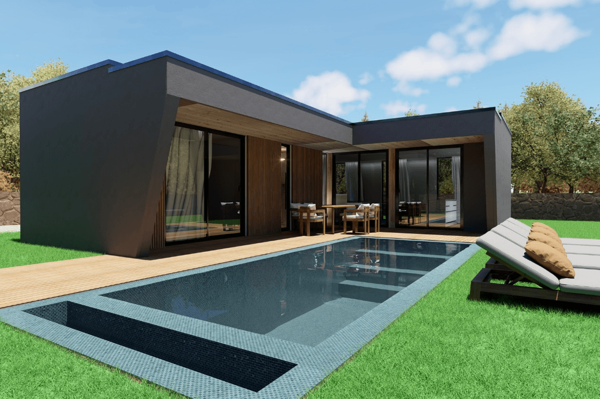 Exterior ATRIUM T1 — moradia de luxo Woodframe com vãos envidraçados amplos e volumetria contemporânea